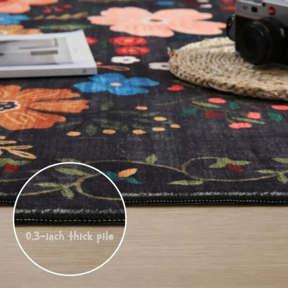 New 5x7 Black Area Rug, Washable Vintage Floral Non-Slip Carpet for Any Room